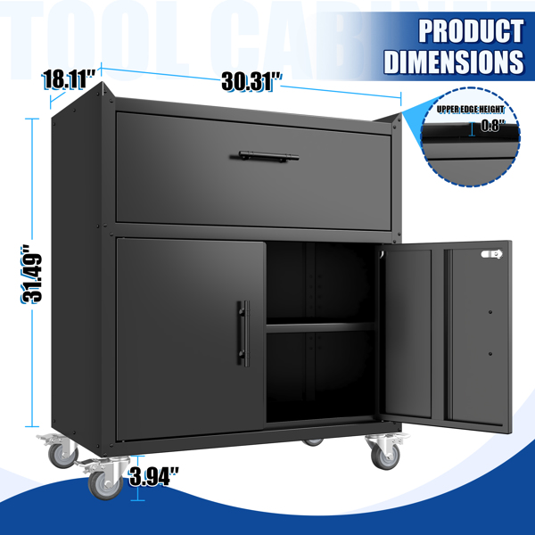 2 Door + 1 Drawer Tool Cabinets for Garage, Lockable Garage Storage Cabinet, Locking Metal Storage Cabinet with Wheels, Rolling Tool Chest, Assembly Required H35.4*W30.3*D18