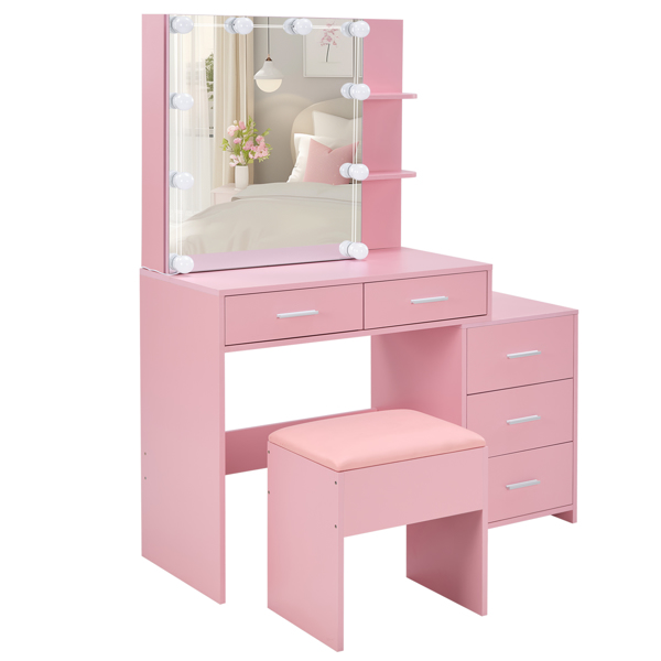 Pink Textured Particle Board with Melamine Laminate Five-Drawer Two-Shelf Sliding Door Mirror Cabinet Dressing Table Set with Three-Color Dimmable Bulb