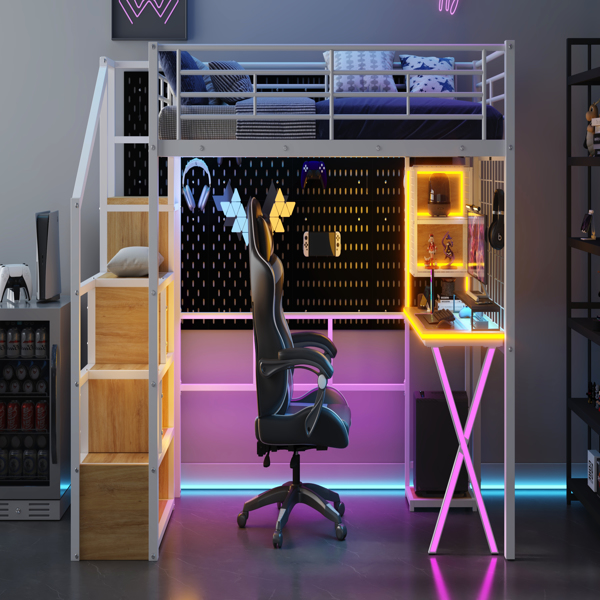 Twin Size Metal Loft Bed with Built-in Work Station, Wardrobe, Storage Staircase and LED, White