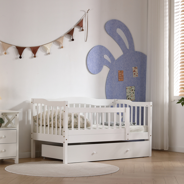 FCH Vertical Fence White Painted Pine Toddler Bed with Bottom Drawer and Side Car Bed