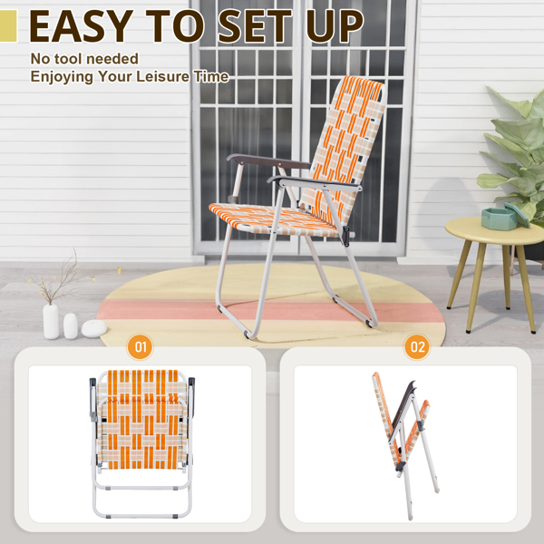 Set of 2 Webbed Folding Beach Chairs, Outdoor Patio Lawn Foldable Chairs for Camping Fishing Yard Poolside BBQ, Orange & White