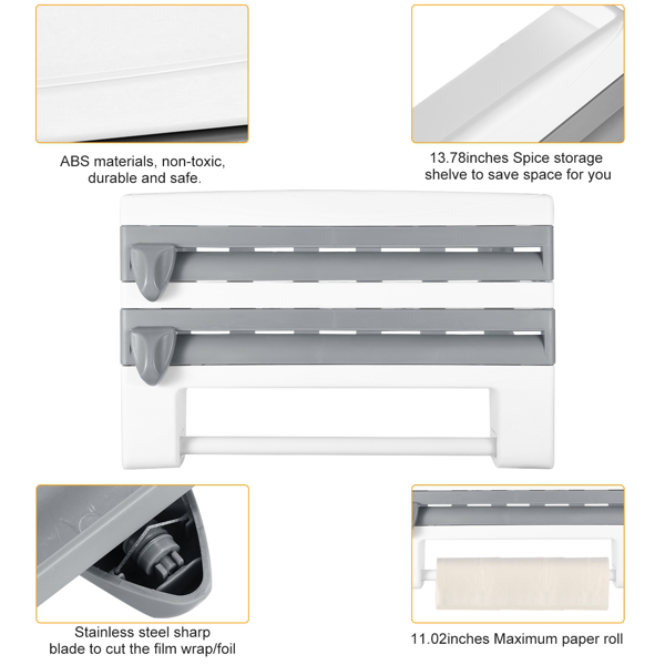 Magnetic Plastic Wrap Dispenser with Cutter - Refillable Aluminum Tin Foil and Plastic Wrap Organizer for Kitchen,