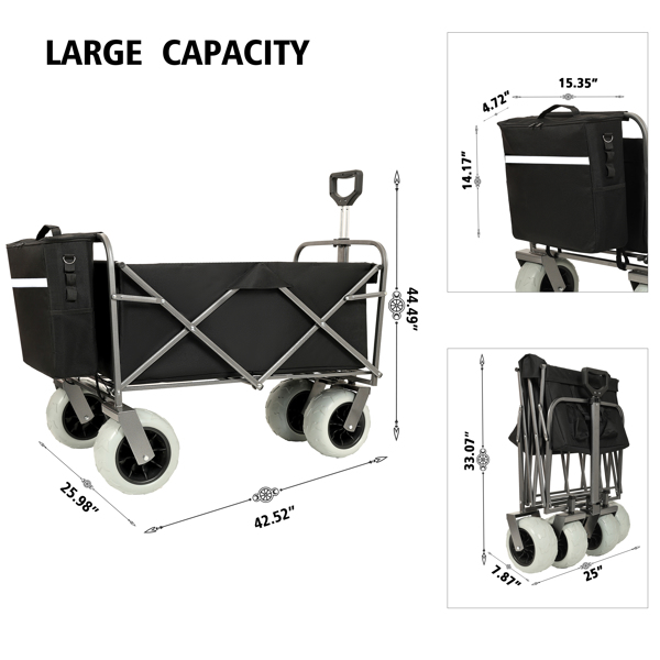 Beach Wagon with Big Wheels for Sand 500lbs capacity - All Terrain Steel Frame Utility Cart with 9" Pneumatic Tires, Collapsible Folding Design ,strap with multiuse bag ,black