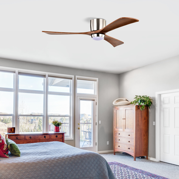 52" Ceiling Fan with Lights Remote Control,Quiet DC Motor 3 Wood Blade Ceiling Fans 6 Speed Levels,Reversible Ceiling Fan, for Patio Living Room, Bedroom, Office,Indoor.(Stain nickel + Walnut )