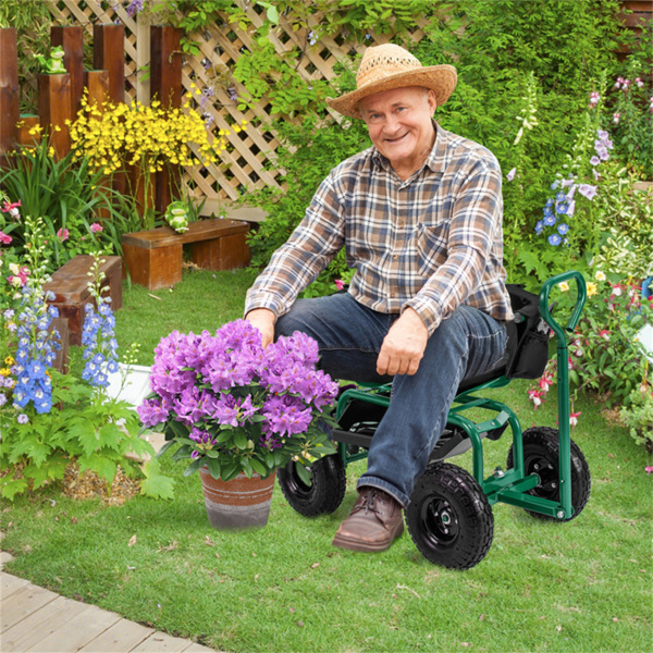 Garden Cart Height Adjustable Scooter with Swivel Seat & Tool Storage Green