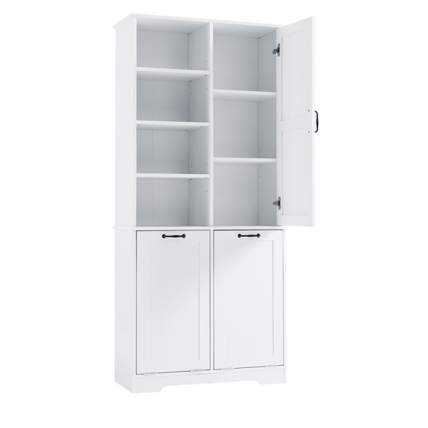 Bathroom Storage Cabinet with Doors and Drawers, Tilt-Out Laundry Hamper, Multiple Storage Space, Freestanding Style, Open Shelve, Adjustable Shelf, White