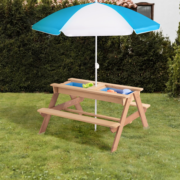 3-in-1 Kids Outdoor Wooden Picnic Table With Umbrella, Convertible Sand & Wate, Gray ASTM & CPSIA CERTIFICATION 