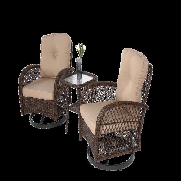 3 Pieces Outdoor Swivel Rocker Patio Chairs, 360 Degree Rocking Patio Conversation Set with Thickened Cushions and Glass Coffee Table for Backyard, Khaki