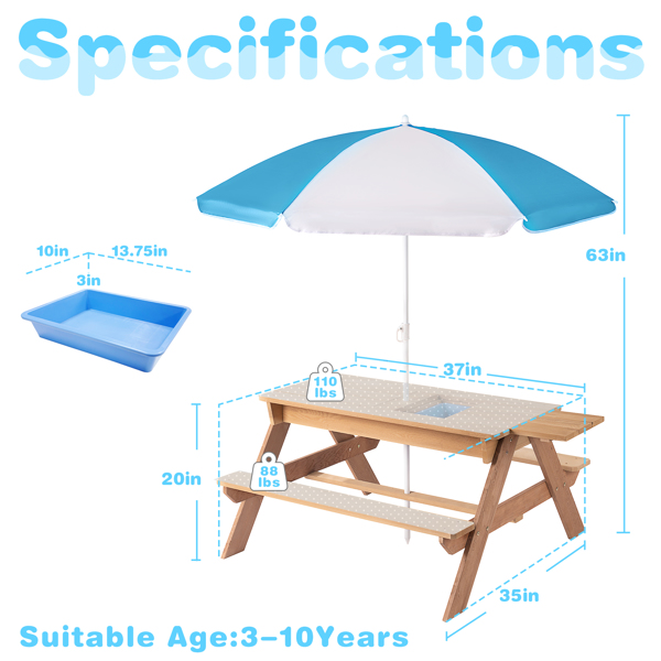 3-in-1 Kids Outdoor Wooden Picnic Table With Umbrella, Convertible Sand & Wate, Gray ASTM & CPSIA CERTIFICATION 