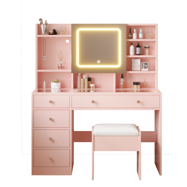 Apple Pink Textured Particle Board with Melamine Laminate, Tempered Glass Top, Five-Drawer Dressing Table Set with Shelves, Hooks, Power Strip, and LED Three-Color Dimmable Light