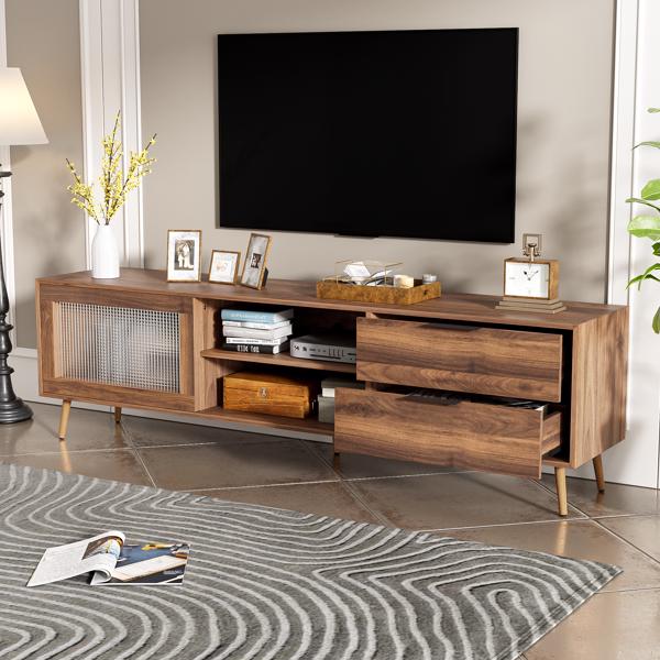 Modern TV Stand for 75"+ TV, TV Console with 2 Glass Doors, Entertainment Center with 2 Drawers & Storage Cabinet, 70" Media Console Table for Living Room, Bedroom