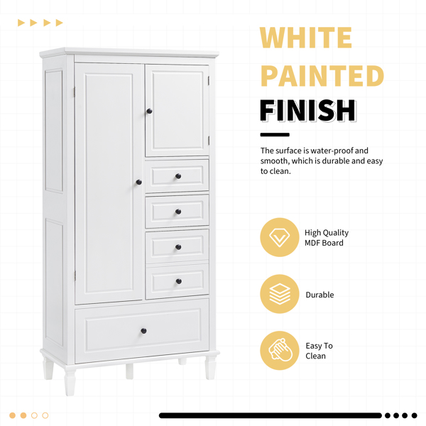 Tall and Wide Storage Cabinet with Doors for Bathroom/Office/Living Room/Indoor, Four Drawers of Different Sizes, Adjustable Shelves, White