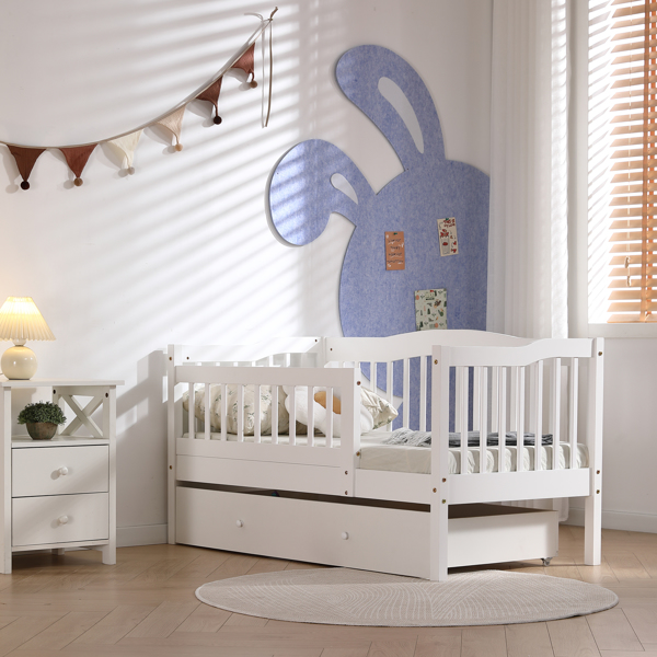 FCH Vertical Fence White Painted Pine Toddler Bed with Bottom Drawer and Side Car Bed