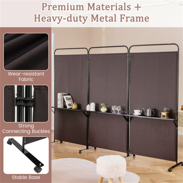 3-Panel Folding Divider with Lockable Wheels and 3 Metal Shelves Brown