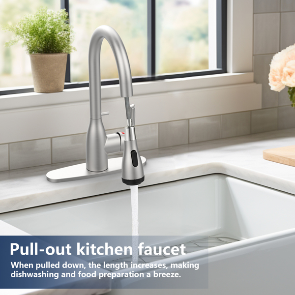 Kitchen Faucet with Pull Down Sprayer and 4 Spraying Modes Brushed Nickel Commercial 1 or 3 Hole Kitchen Faucets with Locking Buckle for Farmhouse Rv Bar Sinks[Unable to ship on weekends]