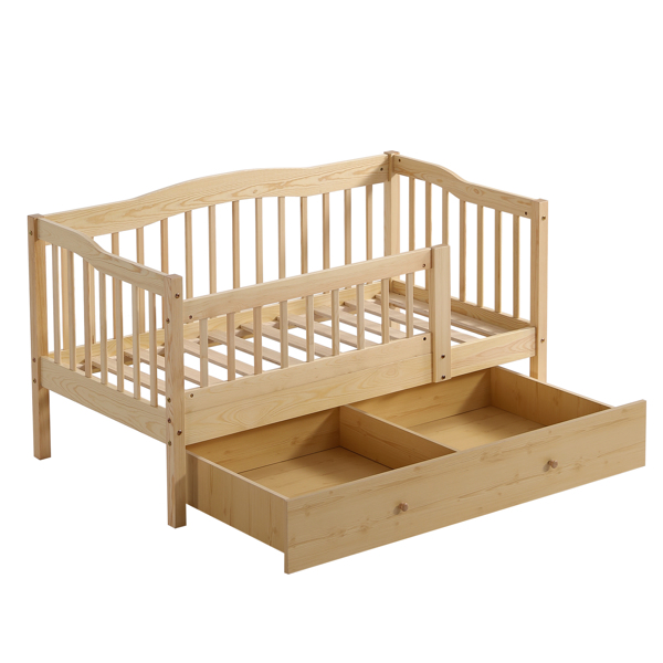 FCH Vertical Fence Wood Painted Pine Toddler Bed with Bottom Drawer and Side Car Bed