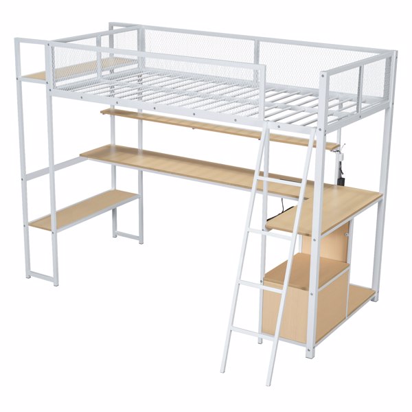 Twin Size Metal Loft Bed with Built-in Work Station, LED and Multiple Storage, White