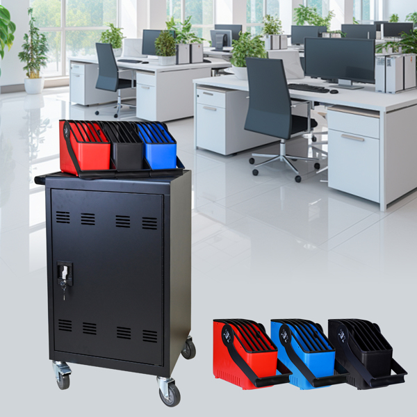 Tablet Laptop 32-bit-Plastic Device Basket Device for Mobile Charging Trolley- Includes Cable Management Dividers, Cable Clips, Storage Compartment, and Removable Doors (Black)