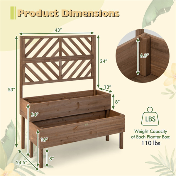 2-Tier Wooden Elevated Planter Box wwith Trellis