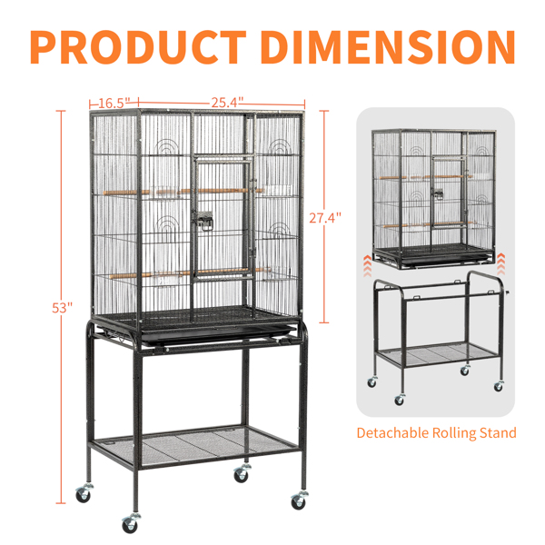 53" Large Flight Bird Cage with Rolling Stand & Storage Shelf for Parrots Lovebird Cockatiel Parakeets, Black