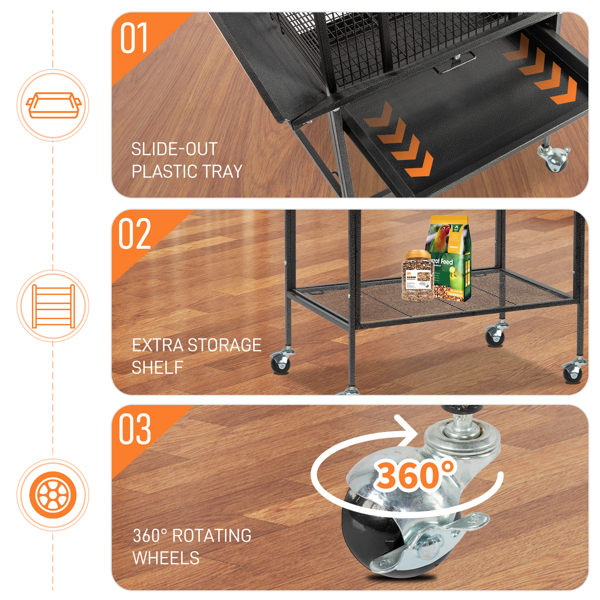 65-inch Wrought Iron Large Rolling Bird Cage with Play Top and Stand for Parrots Lovebird Cockatiel Parakeets, Black