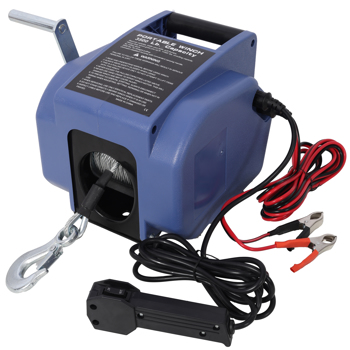 12v Trailer Winch,Reversible Electric Winch, for Boats up to 5000 lbs, Galvanized Wire Rope, with extra pulley hook, Rapid Mount, wirelss remote control,power in and power out.blue plastic casing