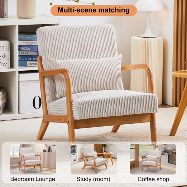 Mid-Century Modern Accent Chair, Arm Chair Living Room Chairs with Pillow Upholstered Reading Chair with Solid Wood Frame & Living Room Bedroom Balcony (beige)