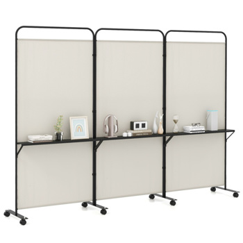 3-Panel Folding Divider with Lockable Wheels and 3 Metal Shelves White