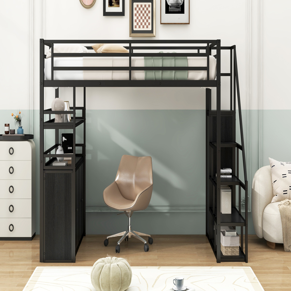 Full Size Metal Loft Bed with Storage Staircase and Wardrobe,Shelves and Lockers,Black