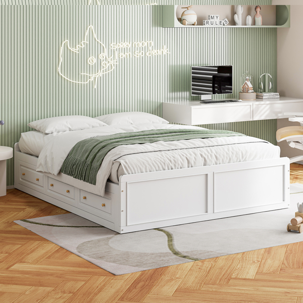 Wood Queen Size Platform Bed Frame with 6 Drawers, White