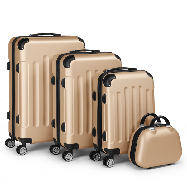 FCH Corner-Protected Four-Piece Set ABS Luggage Including 20in, 24in, 28in Suitcases + 12in Hand-Carry Case - ABS with Steel Telescopic Handle in Fashionable Champagne Gold