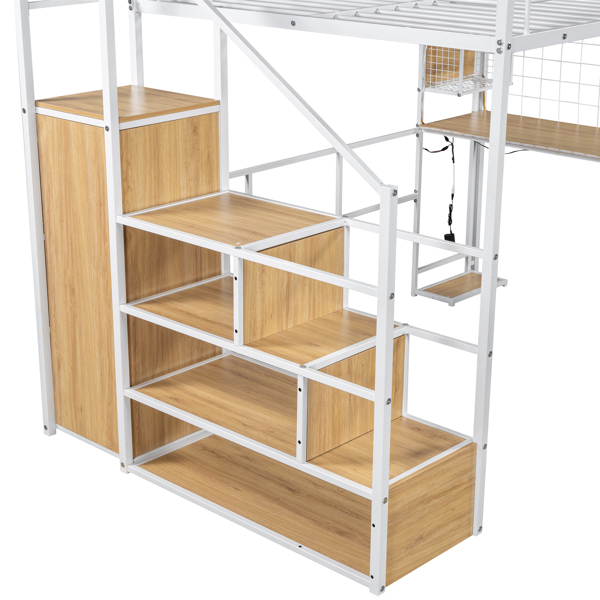 Full Size Metal Loft Bed with Built-in Work Station, Wardrobe, Storage Staircase and LED, White