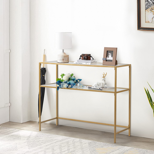 【same code：29997112】39.4" Console Sofa Table, Modern Entryway Table, Tempered Glass Table, Metal Frame, 2 Shelves, for Living Room, Hallway, Gold Color