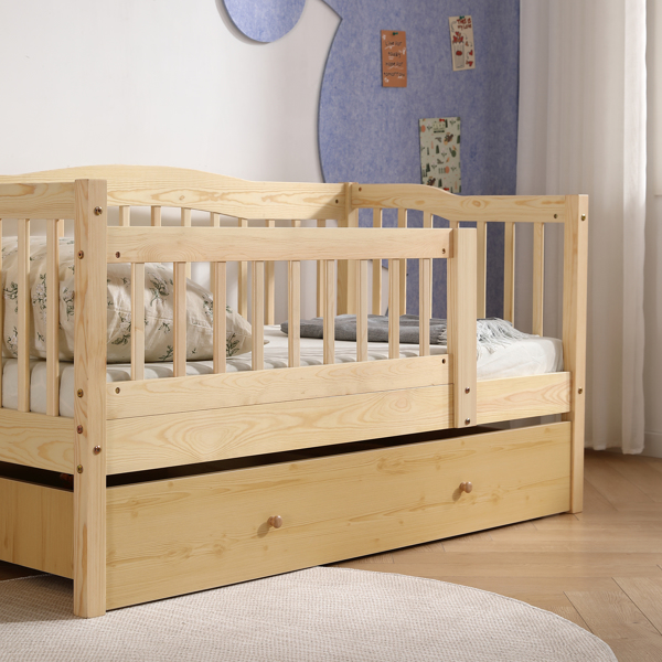 FCH Vertical Fence Wood Painted Pine Toddler Bed with Bottom Drawer and Side Car Bed