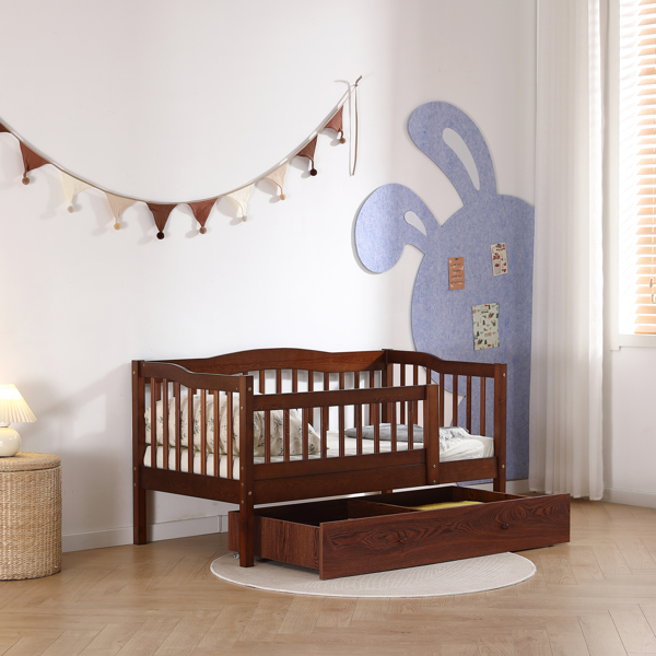 FCH Vertical Fence Brown Painted Pine Toddler Bed with Bottom Drawer and Side Car Bed