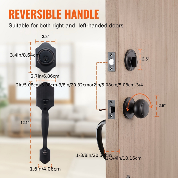 Bronze Front Door Handle and Deadbolt Set with Interior Knob, Adjustable Borehole Distance Single Cylinder Handle Set, Suitable for Right and Left Handed Entries and Front Doors