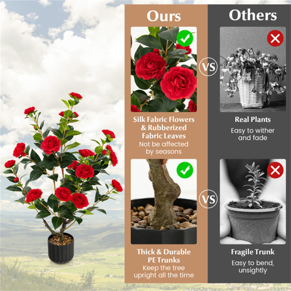 2 PCS 38 Inch Artificial Camellia Tree Faux Flower Plant in Cement 