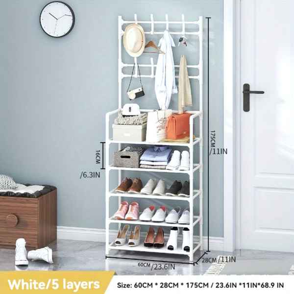 5-Tier Multi-Functional Shoe Rack & Coat Stand – Freestanding Entryway Organizer for Shoes, Boots, Hats & Coats, Fits 10-15 Pairs, Ideal for Bedrooms, Hallways & Dorms