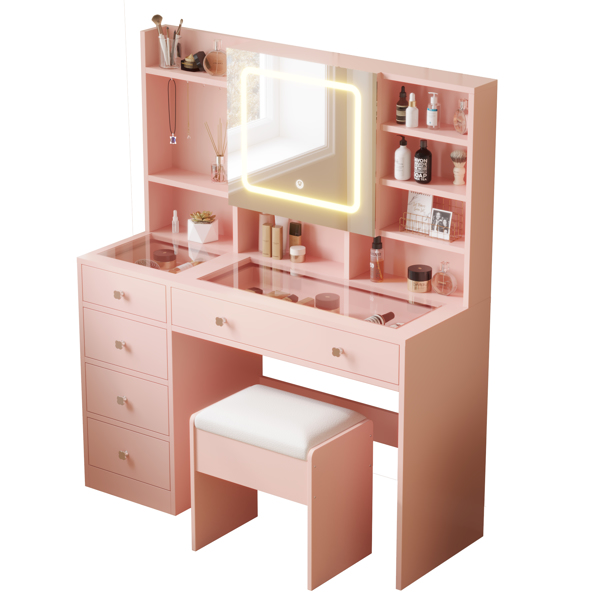 Apple Pink Textured Particle Board with Melamine Laminate, Tempered Glass Top, Five-Drawer Dressing Table Set with Shelves, Hooks, Power Strip, and LED Three-Color Dimmable Light