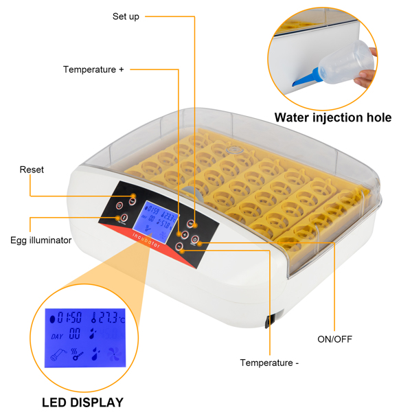  【same code：66032192】42-Egg Practical Fully Automatic Poultry Incubator with Egg Candler US Standard Yellow & & White & Transparent