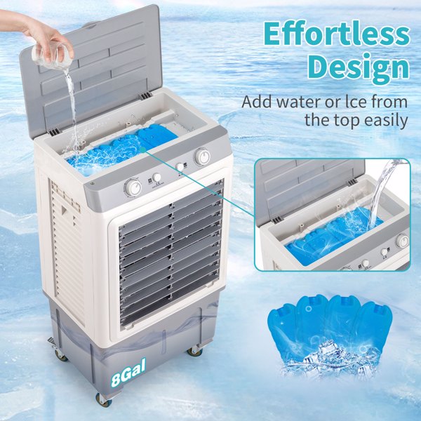 3 in 1 Portable Evaporative Cooler,Indoor,Outdoor,2353CFM Personal Air Cooler,7.9 Gal Large Water Tank & Scroll Casters, 4 Ice Packs,White，Manual control