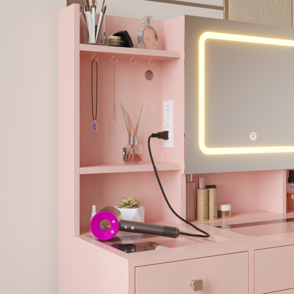 Apple Pink Textured Particle Board with Melamine Laminate, Tempered Glass Top, Five-Drawer Dressing Table Set with Shelves, Hooks, Power Strip, and LED Three-Color Dimmable Light