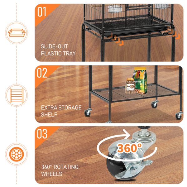 53" Large Flight Bird Cage with Rolling Stand & Storage Shelf for Parrots Lovebird Cockatiel Parakeets, Black