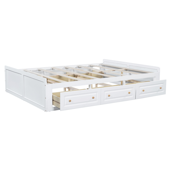 Wood Queen Size Platform Bed Frame with 6 Drawers, White