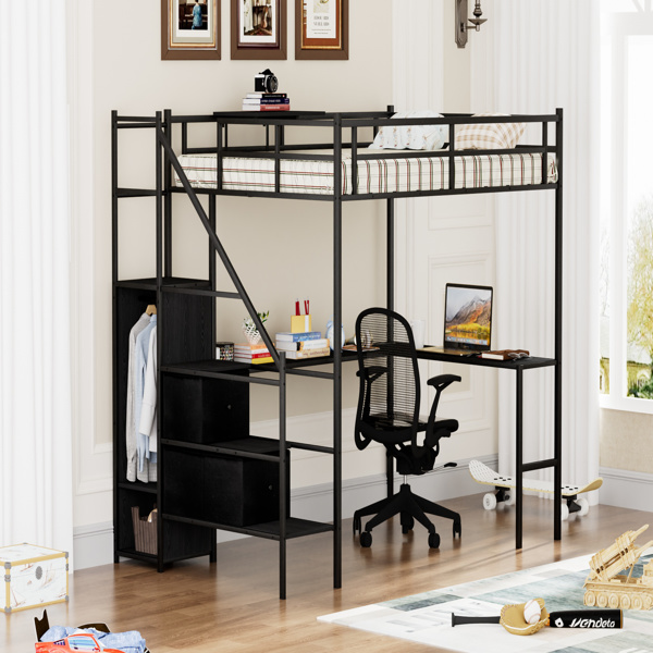 Full Size Metal Loft Bed with L-shaped Desk, LED Lights, Charging Cradle, LED Loft Bed Frame, Full Size Bed with One Cabinet Wardrobe and 2 Fabric Drawers, Safety Rails and Ladder, Black