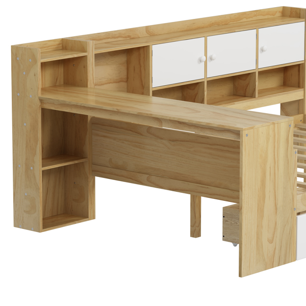 Wooden L-Shape Daybed with Seven Storage Cabinets and Two Storage Drawers, Multi-functional Bed with Study Desk and Built-in Bookshelf, Natural+White