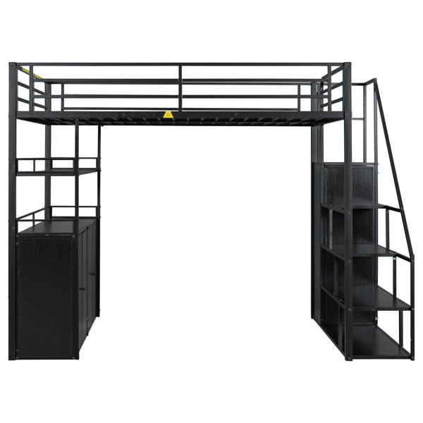 Full Size Metal Loft Bed with Storage Staircase and Wardrobe,Shelves and Lockers,Black