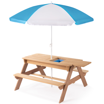 3-in-1 Kids Outdoor Wooden Picnic Table With Umbrella, Convertible Sand & Wate, Gray ASTM & CPSIA CERTIFICATION 