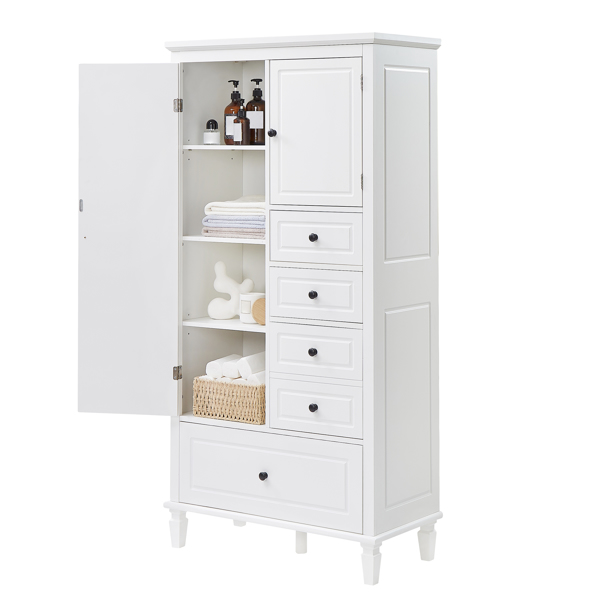 Tall and Wide Storage Cabinet with Doors for Bathroom/Office/Living Room/Indoor, Four Drawers of Different Sizes, Adjustable Shelves, White