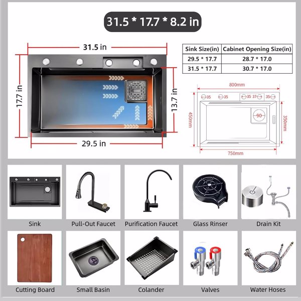 29.5 Single Bowl Waterfall Kitchen Sink, Stainless Steel Bar Sink with Cup Washer Sinks, Drop-In/on the stage Farmhouse Black Workstation Sink